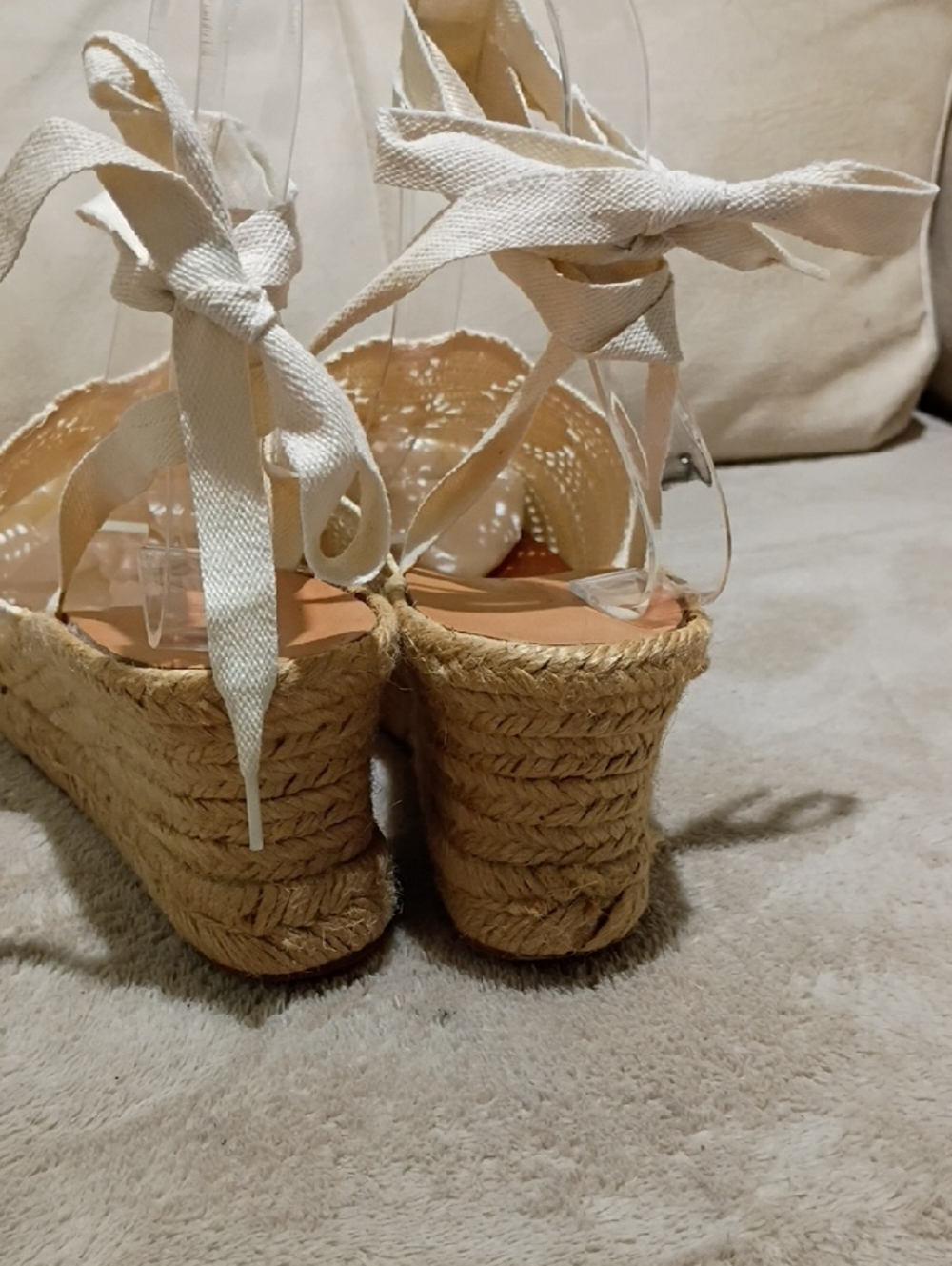 Unisa Cream Crochet Espadrille Wedge Sandals with Ankle Wrap - Picture 6 of 9